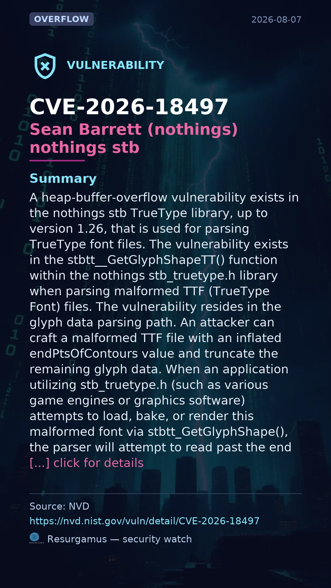 CVE-2026-18497 Sean Barrett (nothings) nothings stb Vulnerability