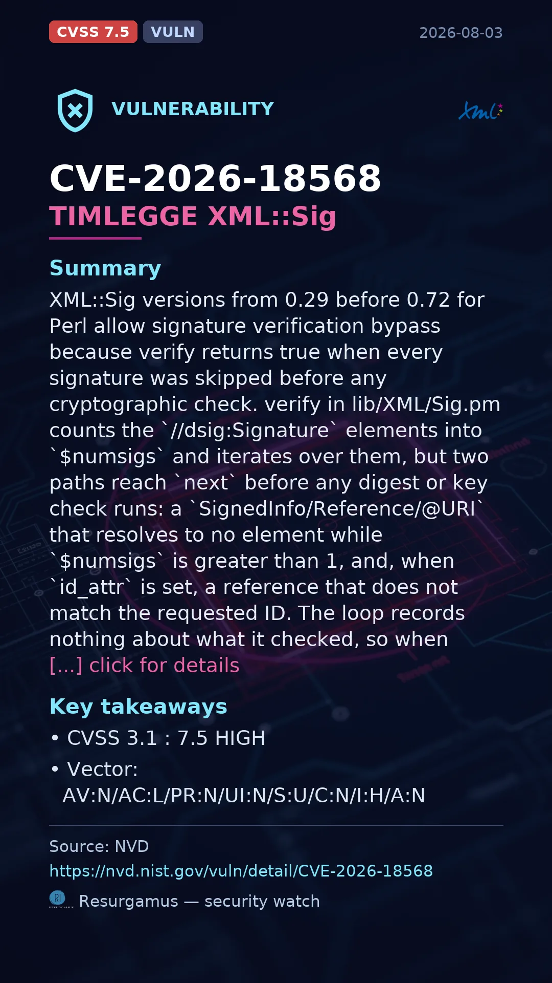 CVE-2026-18568 TIMLEGGE XML::Sig Vulnerability