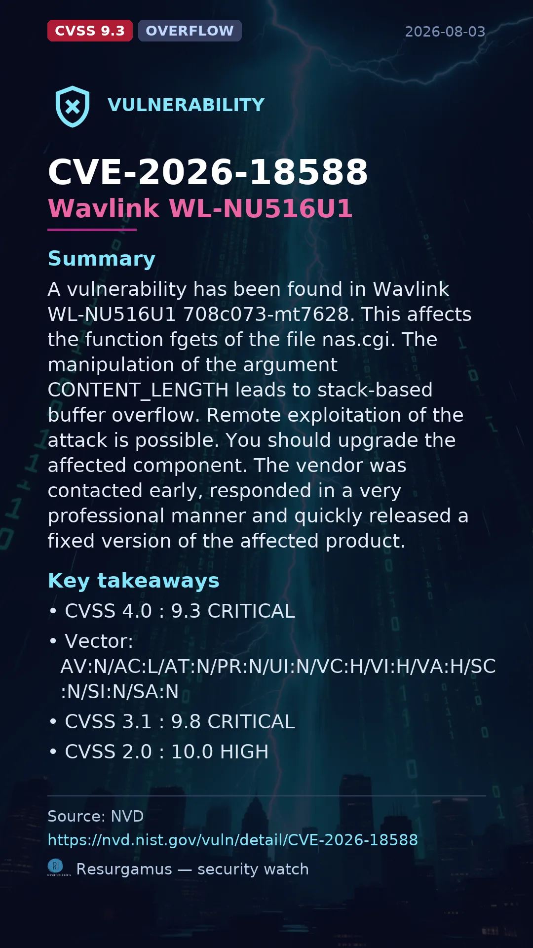CVE-2026-18588 Wavlink WL-NU516U1 Vulnerability