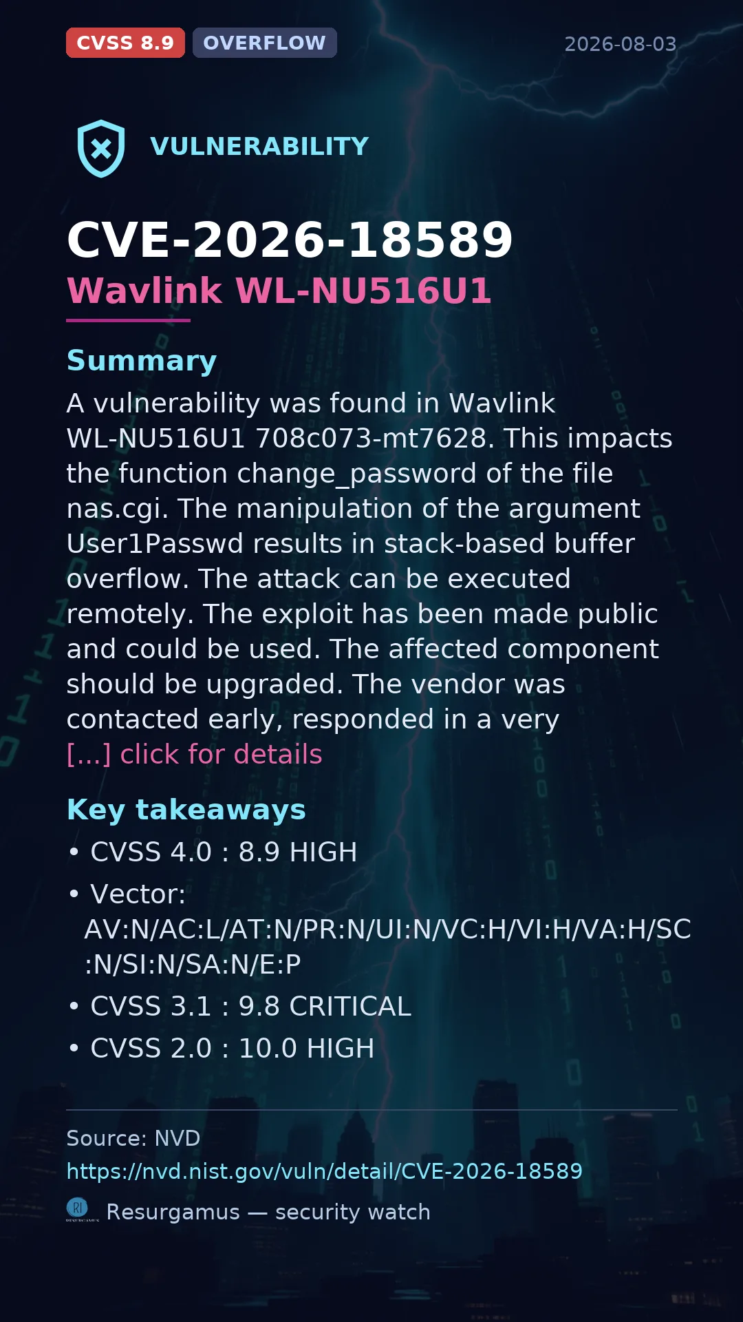 CVE-2026-18589 Wavlink WL-NU516U1 Vulnerability