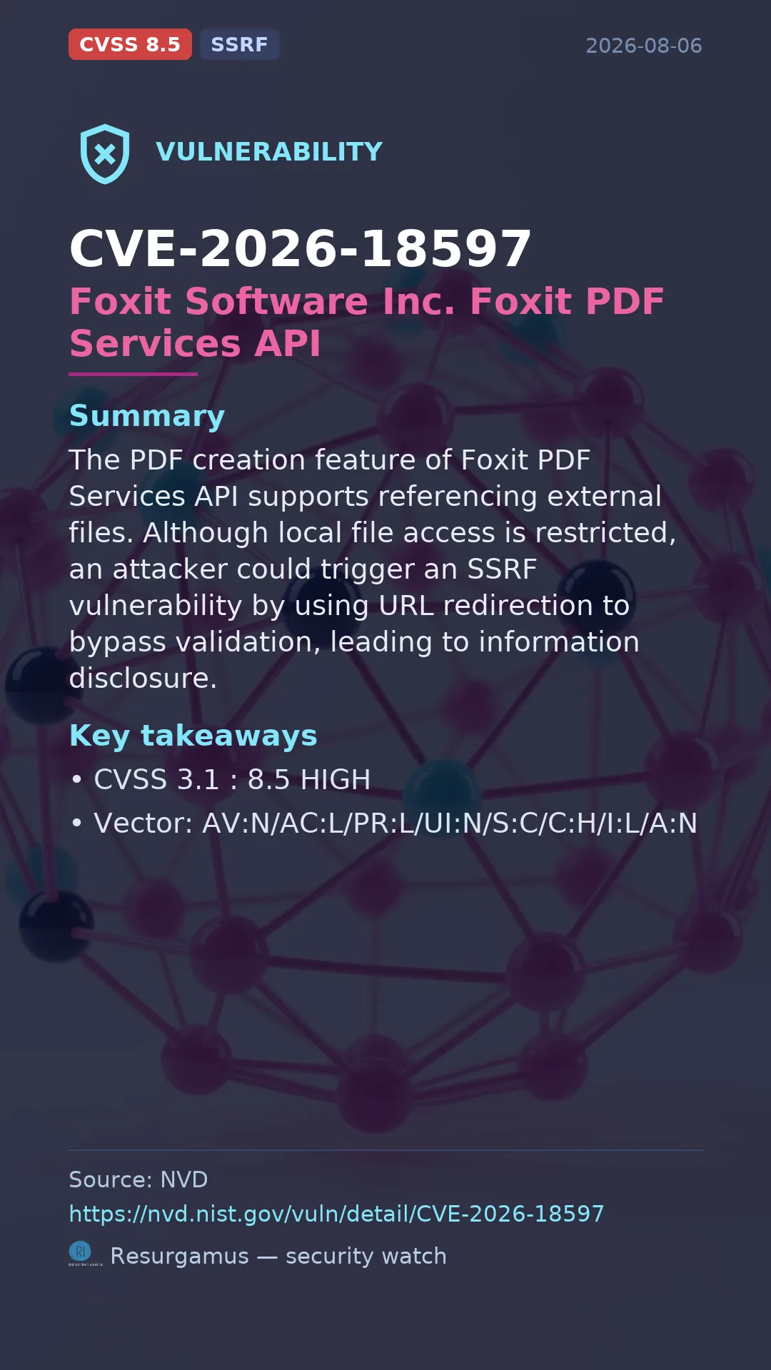 CVE-2026-18597 Foxit Software Inc. Foxit PDF Services API Vulnerability