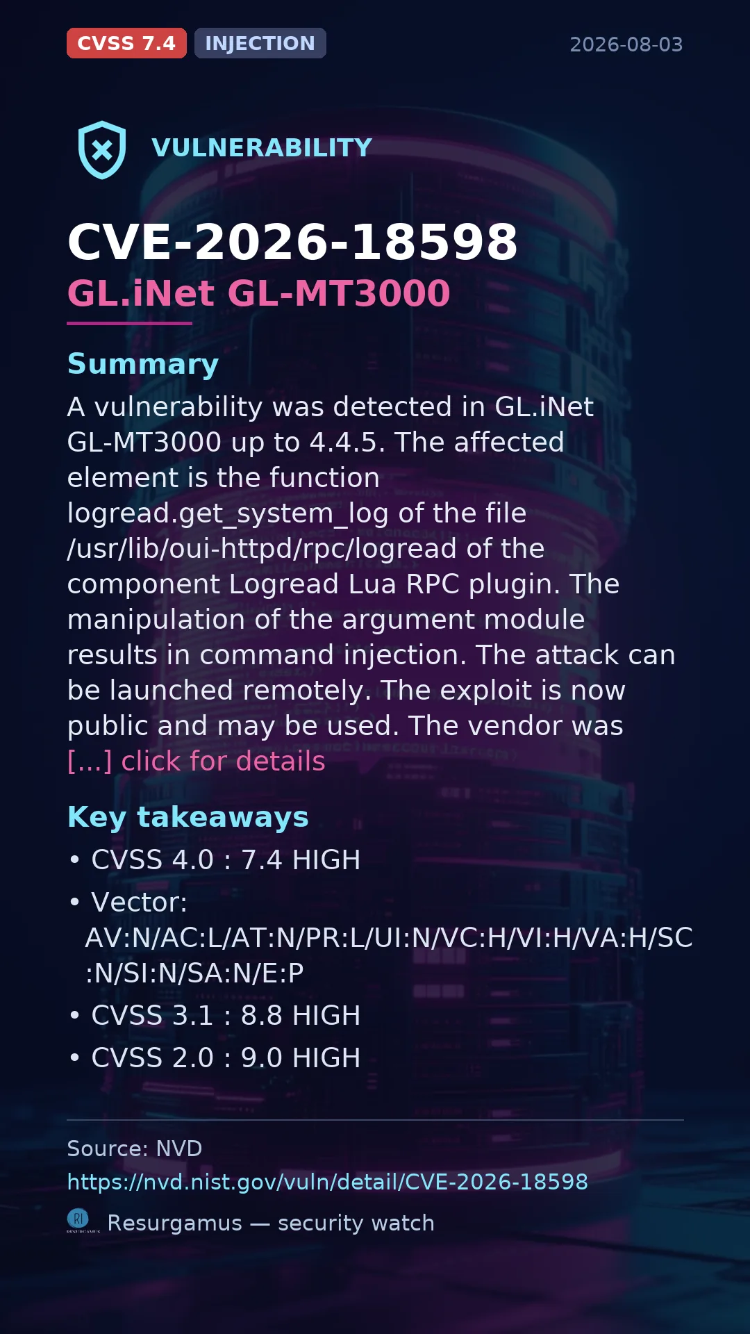 CVE-2026-18598 GL.iNet GL-MT3000 Vulnerability