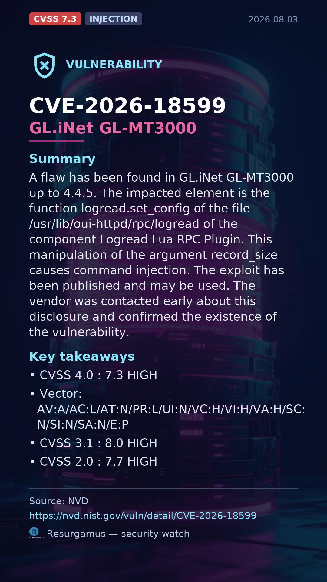 CVE-2026-18599 GL.iNet GL-MT3000 Vulnerability