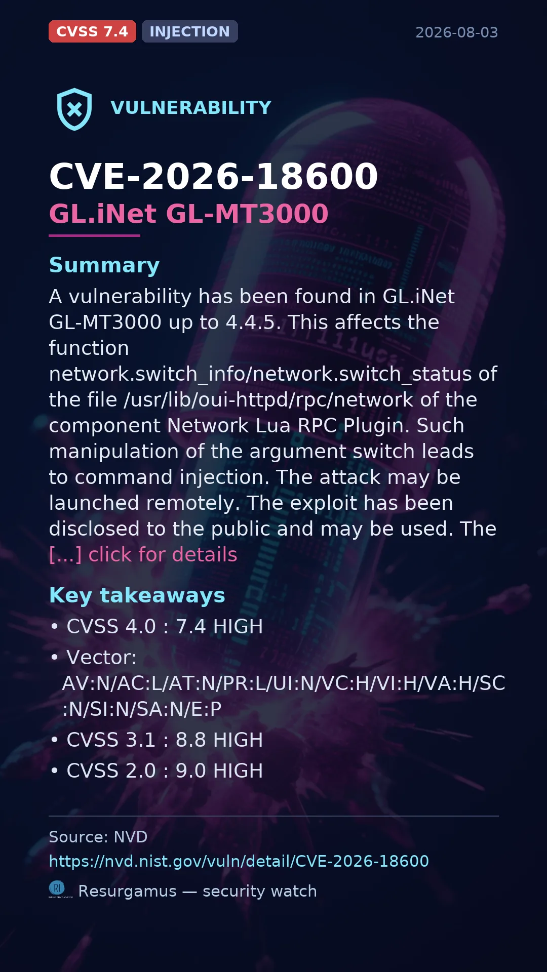 CVE-2026-18600 GL.iNet GL-MT3000 Vulnerability