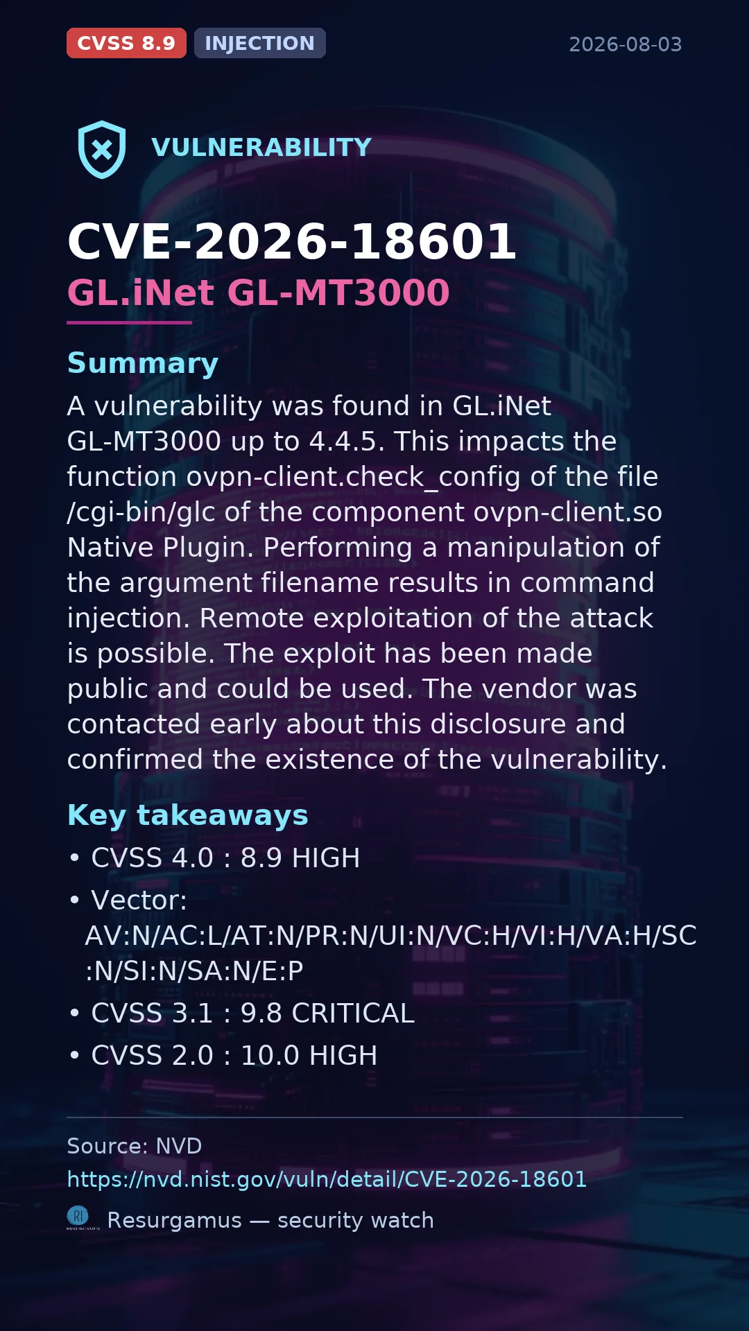 CVE-2026-18601 GL.iNet GL-MT3000 Vulnerability