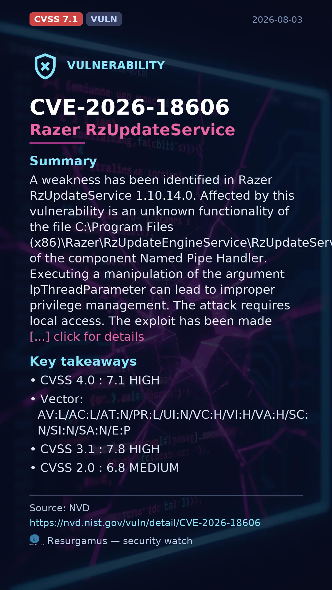 CVE-2026-18606 Razer RzUpdateService Vulnerability
