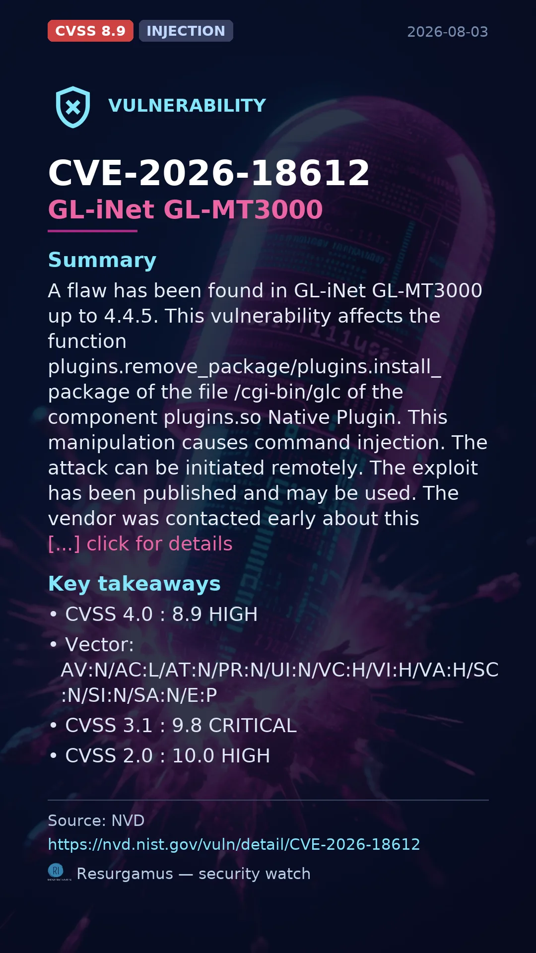 CVE-2026-18612 GL-iNet GL-MT3000 Vulnerability