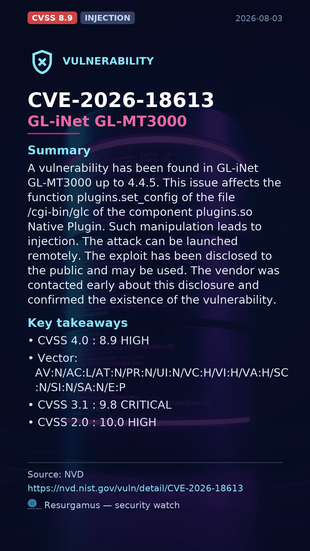 CVE-2026-18613 GL-iNet GL-MT3000 Vulnerability