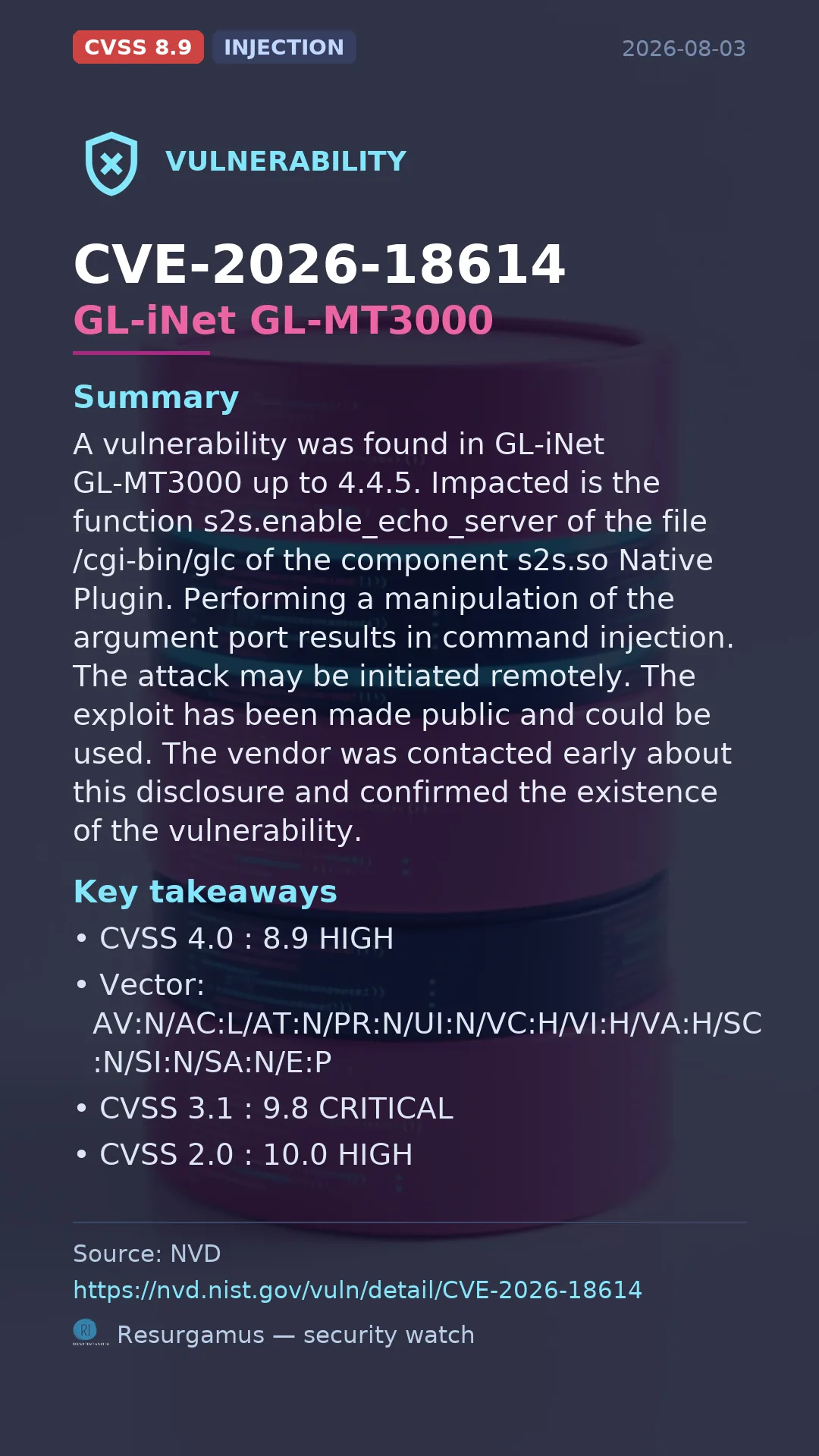 CVE-2026-18614 GL-iNet GL-MT3000 Vulnerability