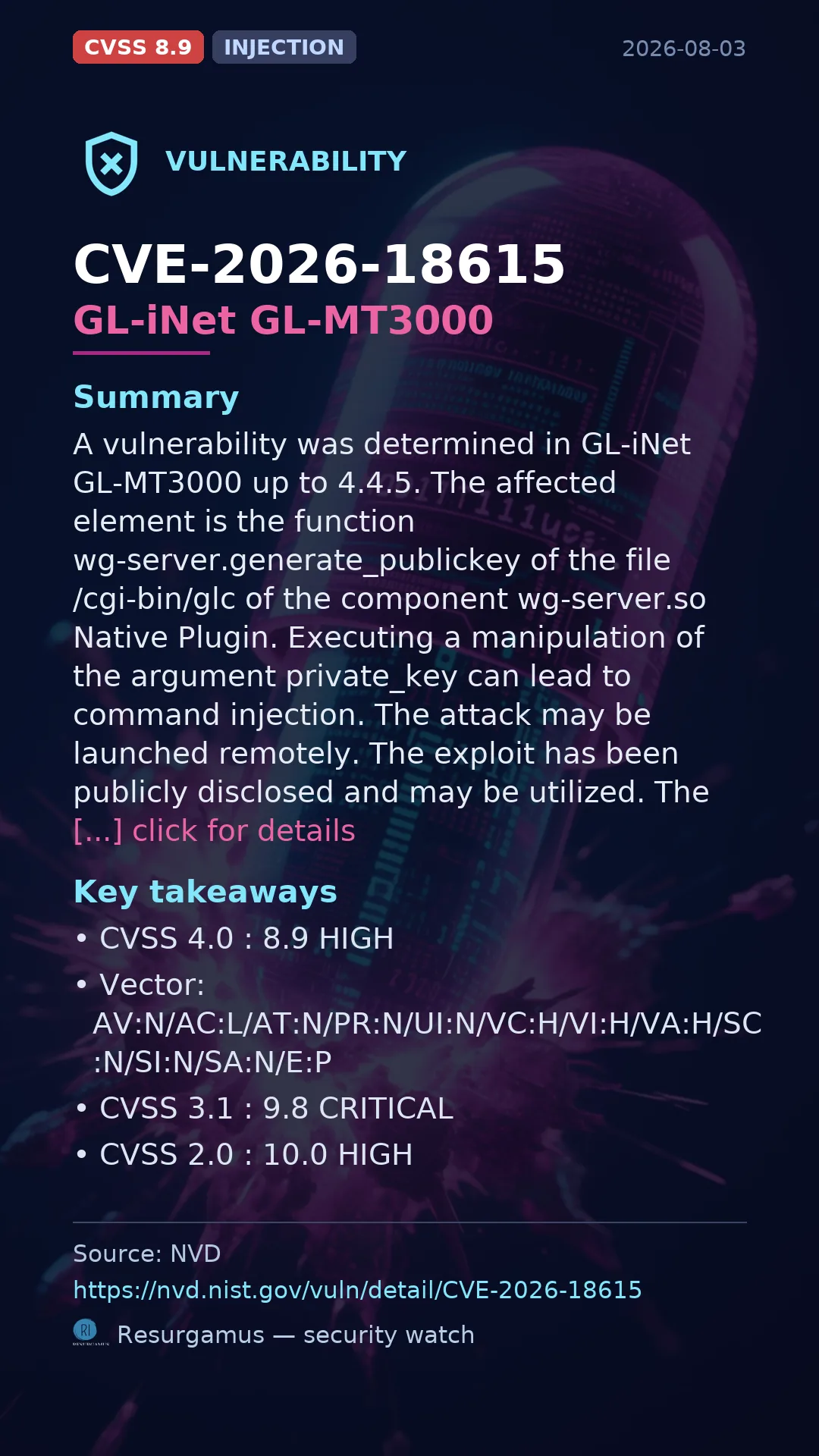 CVE-2026-18615 GL-iNet GL-MT3000 Vulnerability