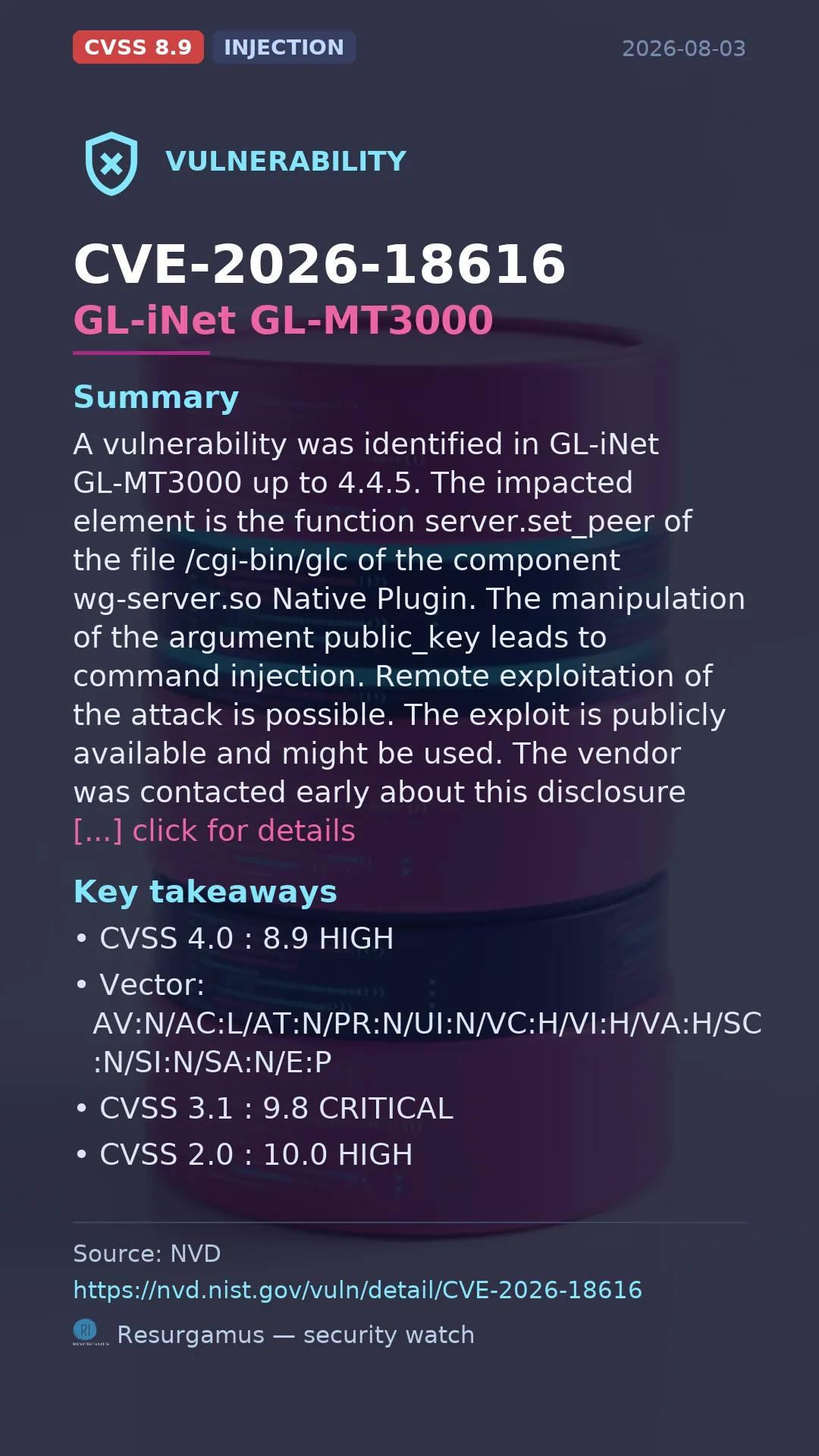 CVE-2026-18616 GL-iNet GL-MT3000 Vulnerability