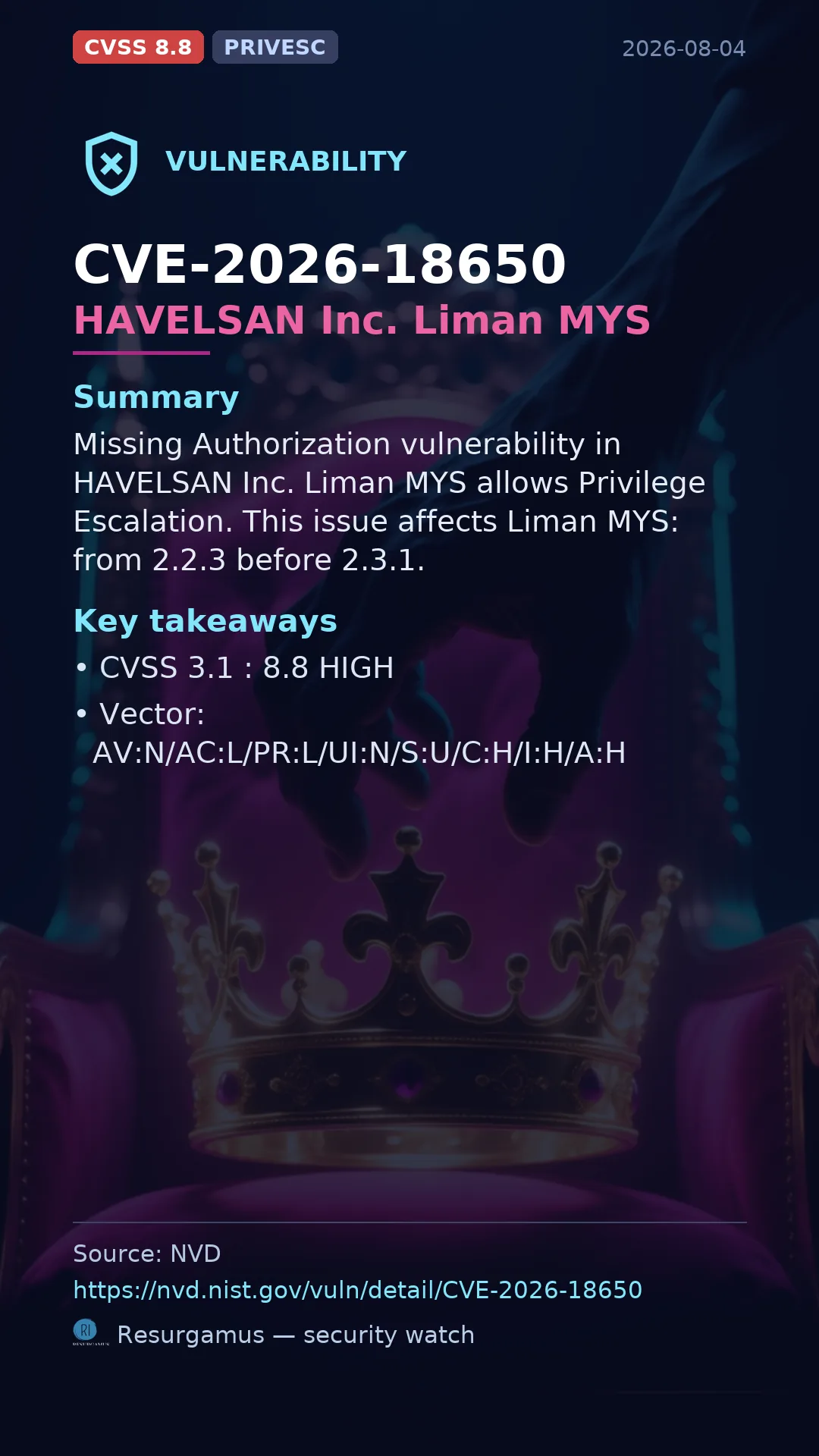 CVE-2026-18650 HAVELSAN Inc. Liman MYS Vulnerability