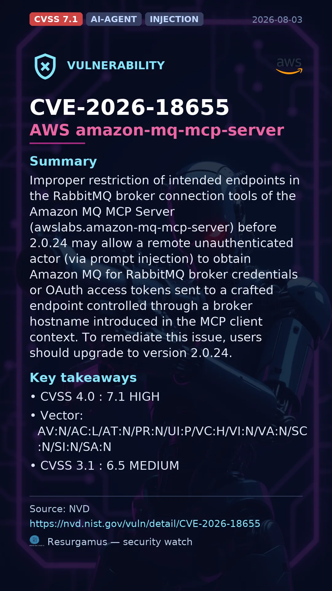CVE-2026-18655 AWS amazon-mq-mcp-server Vulnerability