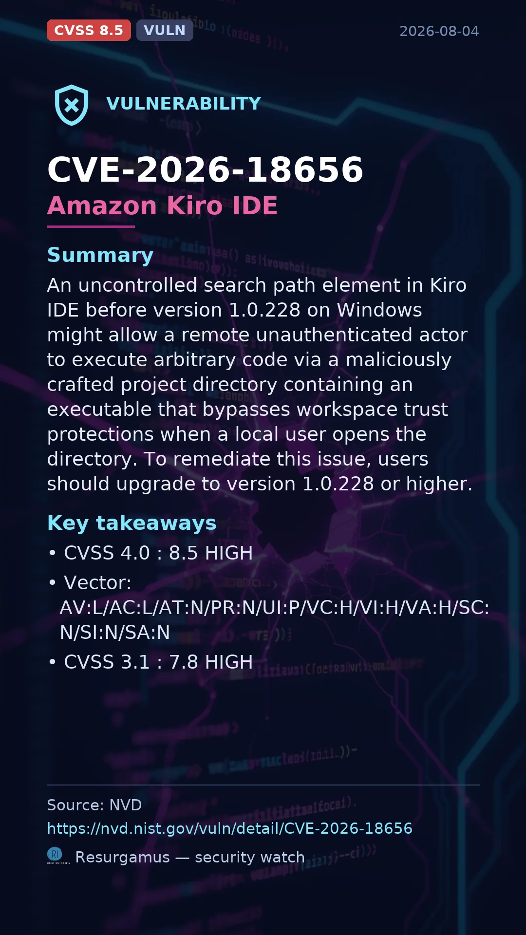 CVE-2026-18656 Amazon Kiro IDE Vulnerability