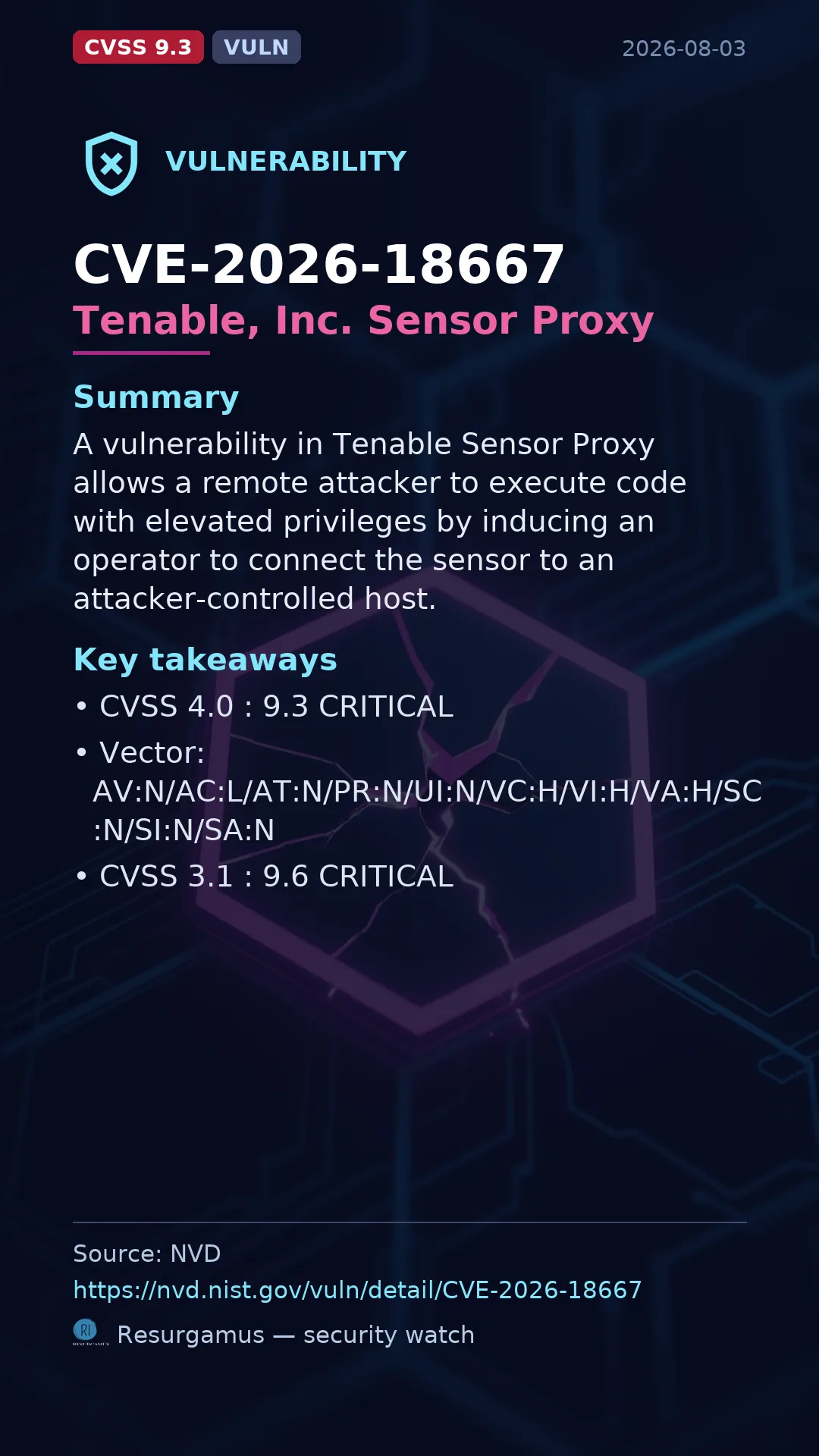 CVE-2026-18667 Tenable, Inc. Sensor Proxy Vulnerability