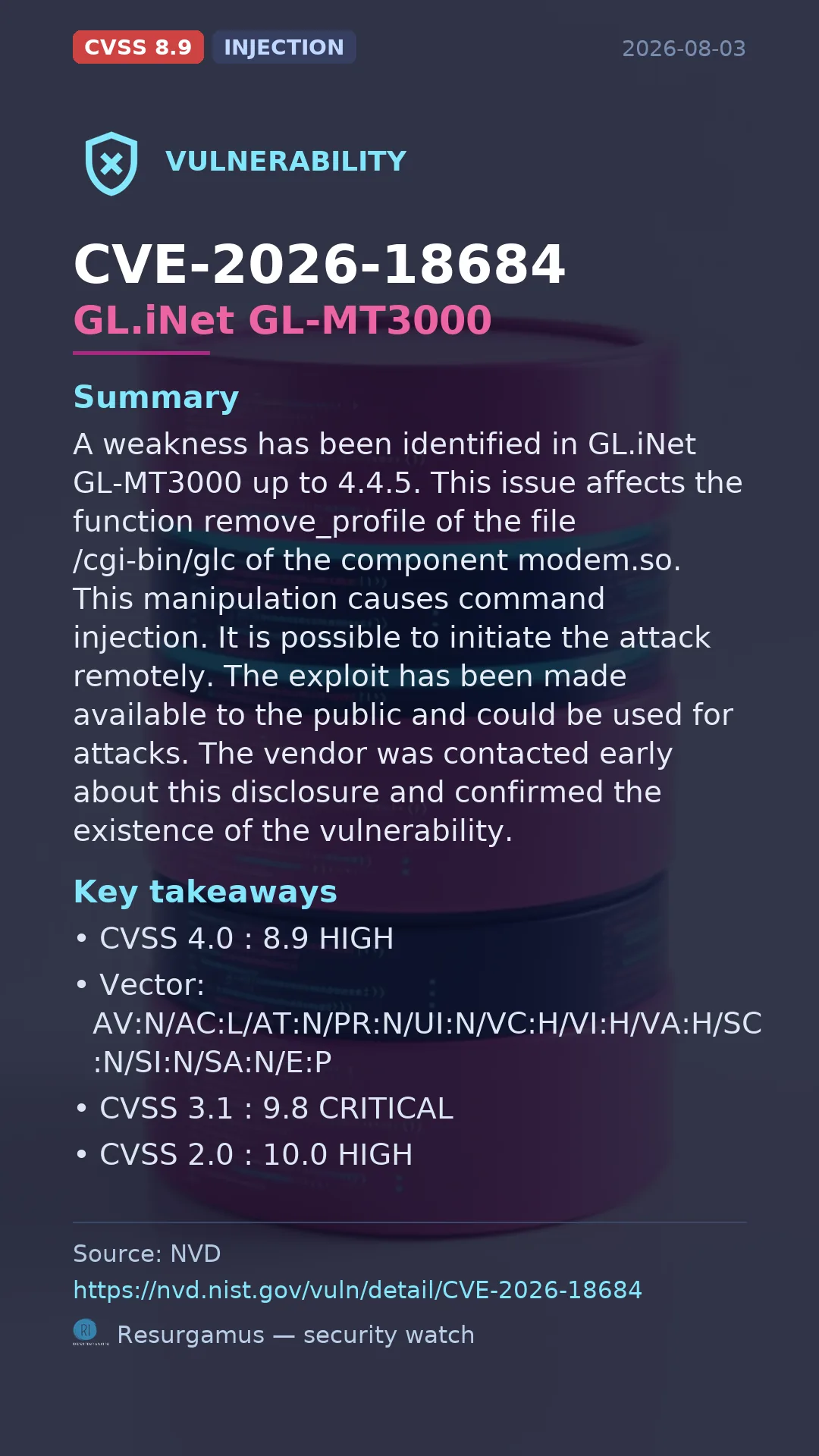 CVE-2026-18684 GL.iNet GL-MT3000 Vulnerability
