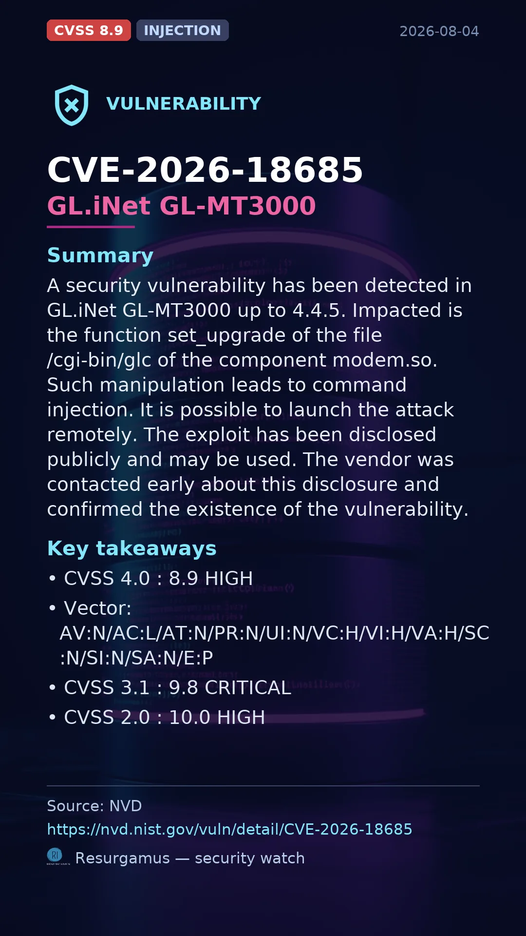 CVE-2026-18685 GL.iNet GL-MT3000 Vulnerability