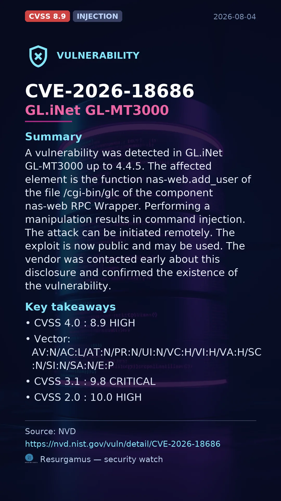 CVE-2026-18686 GL.iNet GL-MT3000 Vulnerability