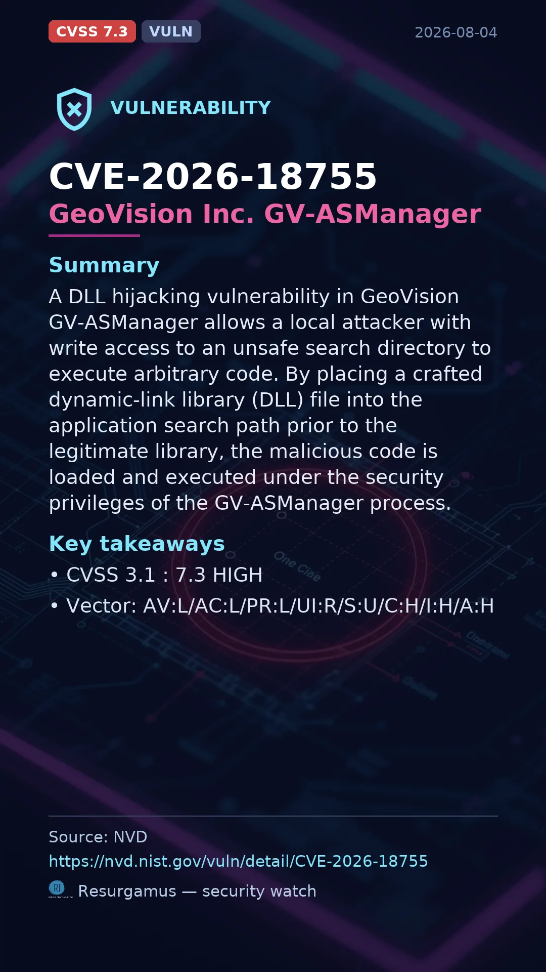 CVE-2026-18755 GeoVision Inc. GV-ASManager Vulnerability