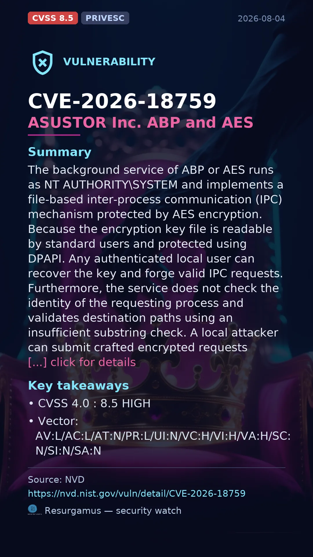 CVE-2026-18759 ASUSTOR Inc. ABP and AES Vulnerability