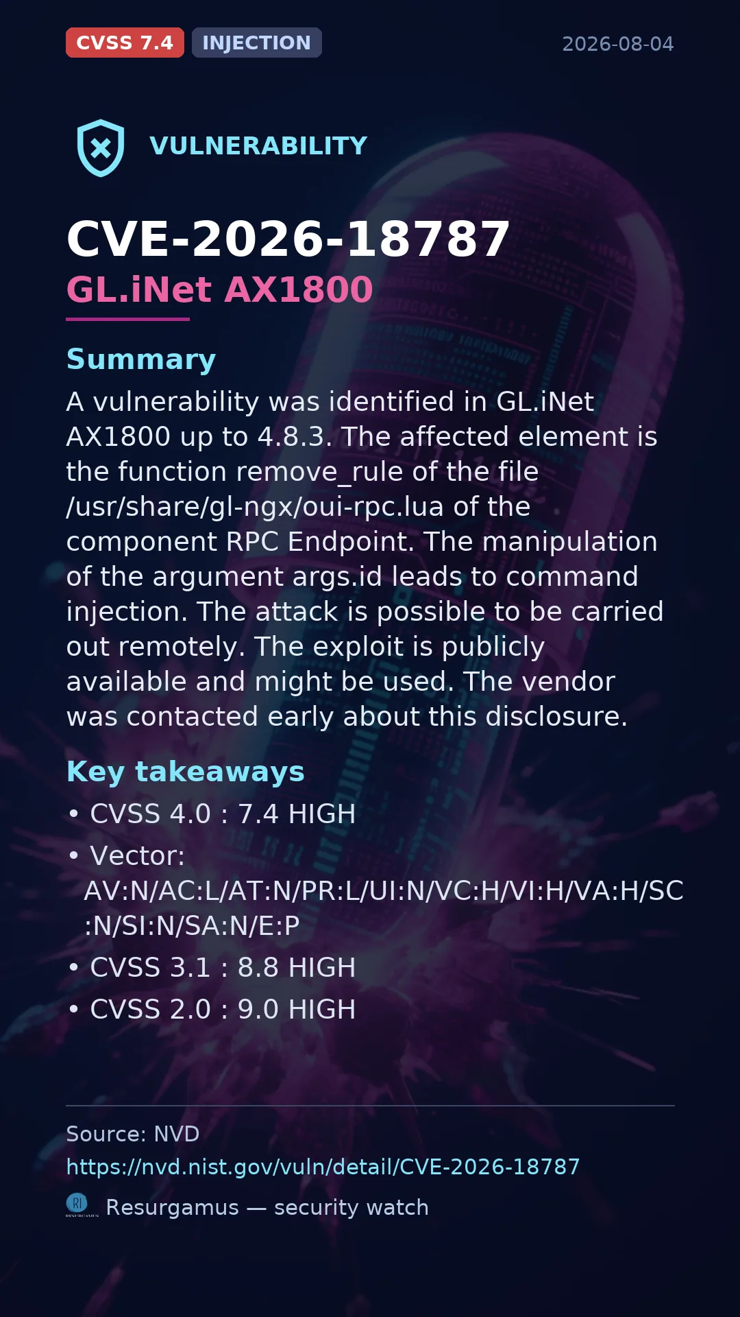CVE-2026-18787 GL.iNet AX1800 Vulnerability