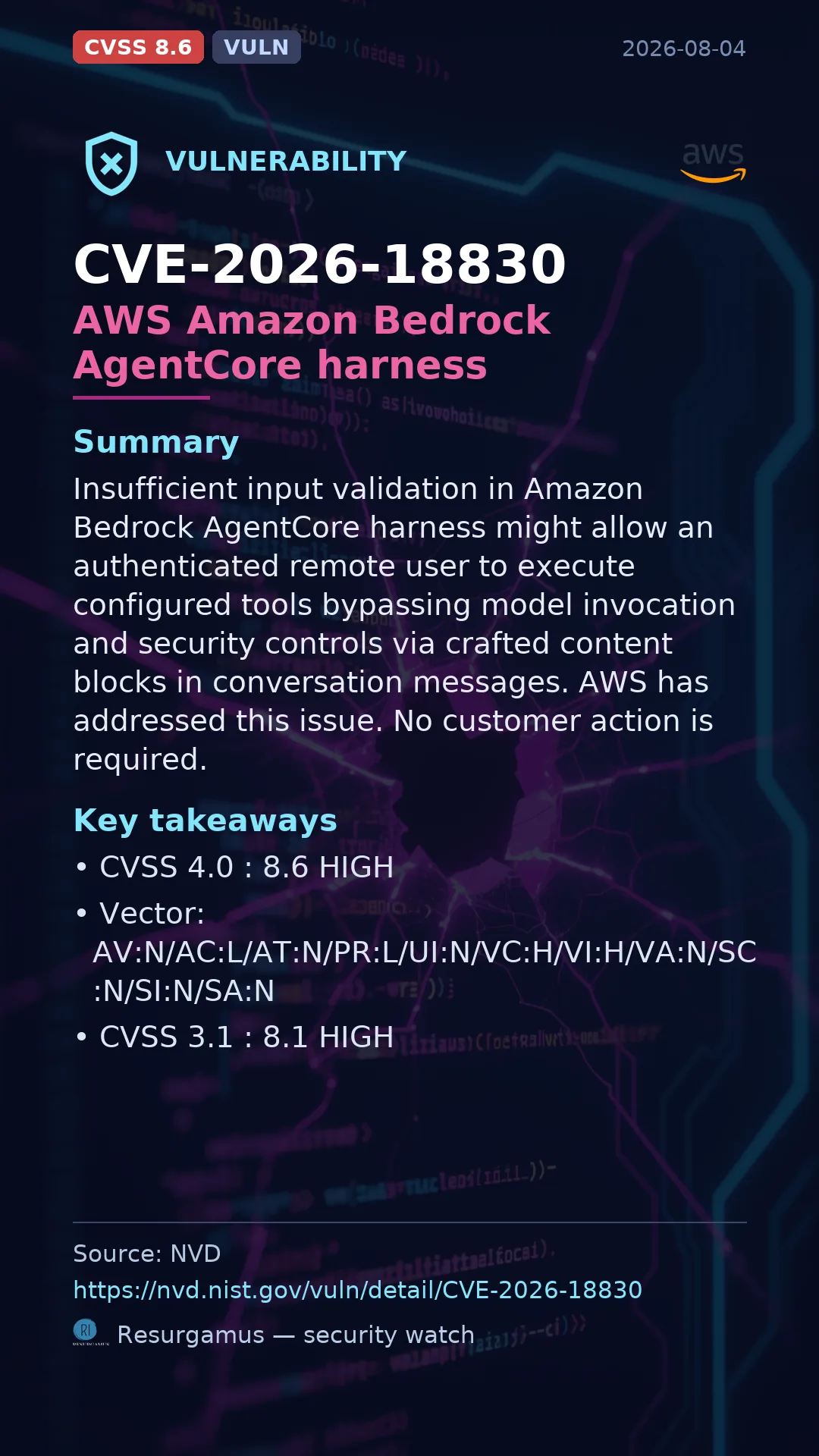 CVE-2026-18830 AWS Amazon Bedrock AgentCore harness Vulnerability