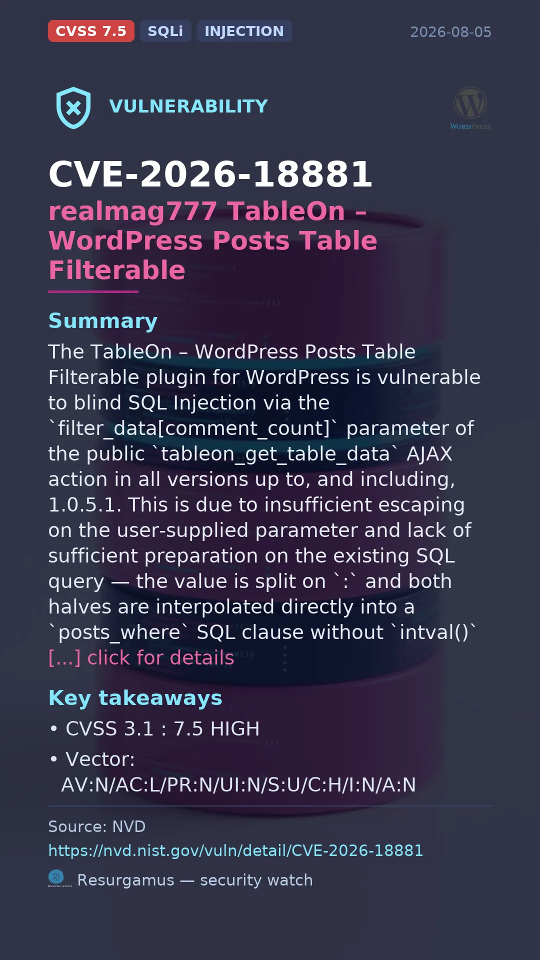 CVE-2026-18881 realmag777 TableOn – WordPress Posts Table Filterable Vulnerability