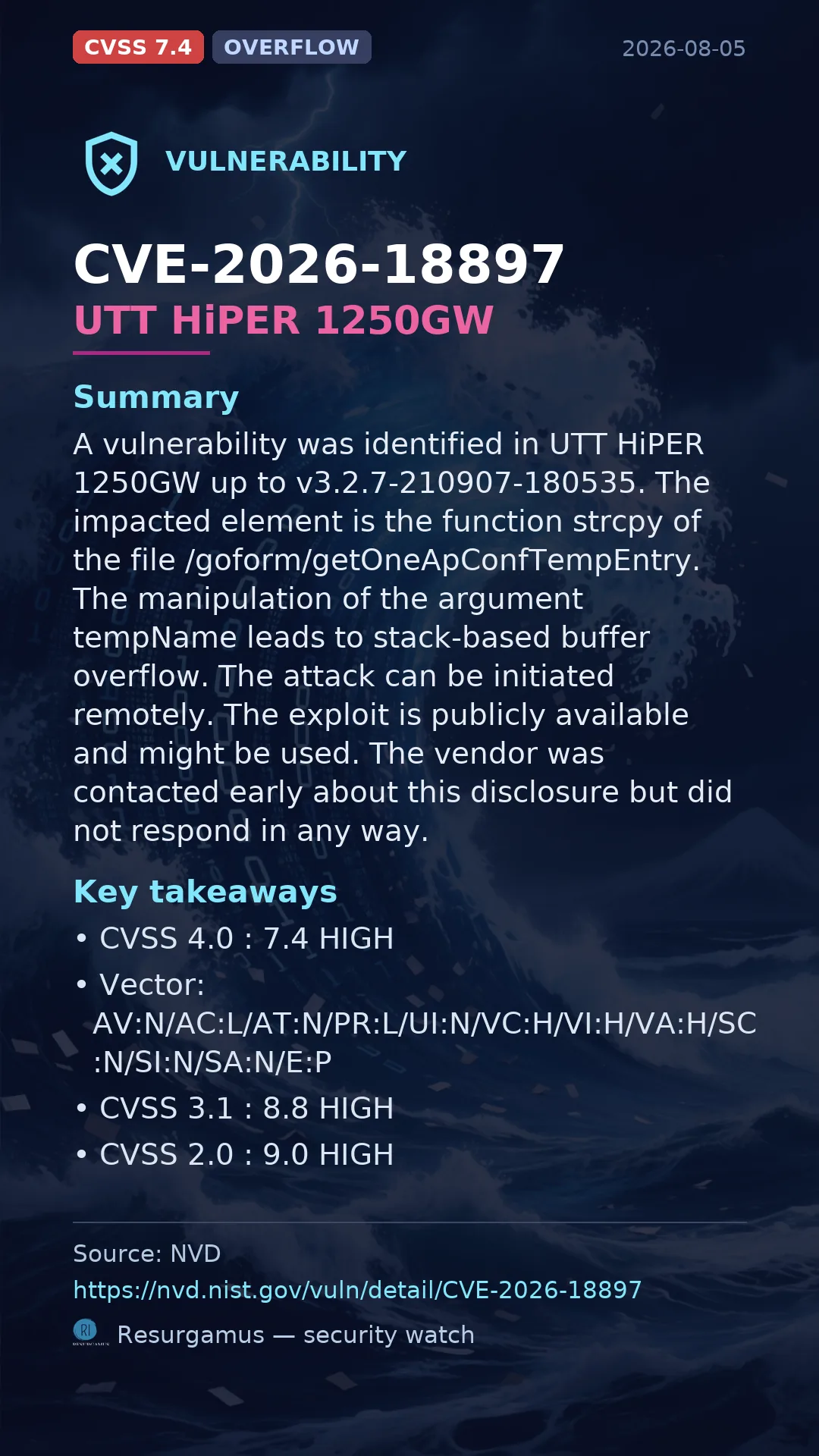 CVE-2026-18897 UTT HiPER 1250GW Vulnerability
