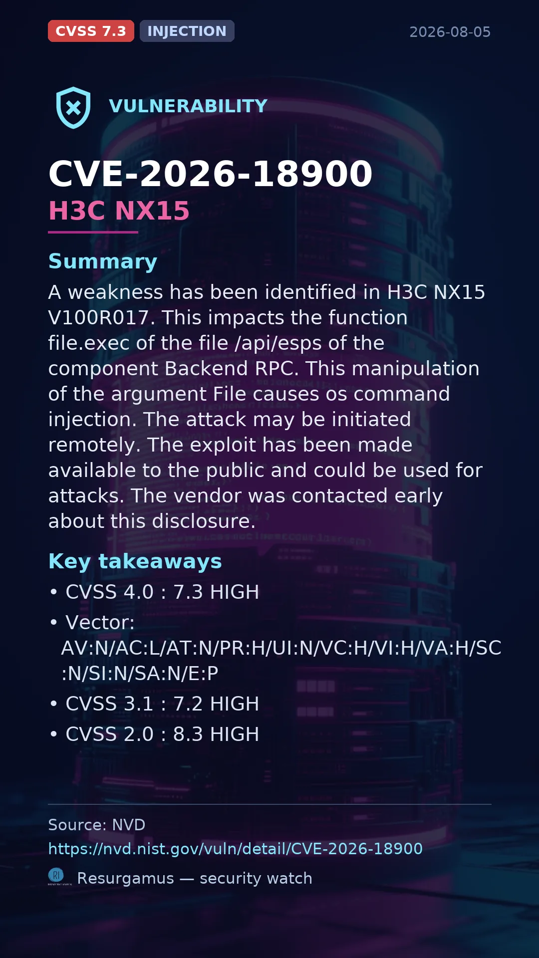 CVE-2026-18900 H3C NX15 Vulnerability