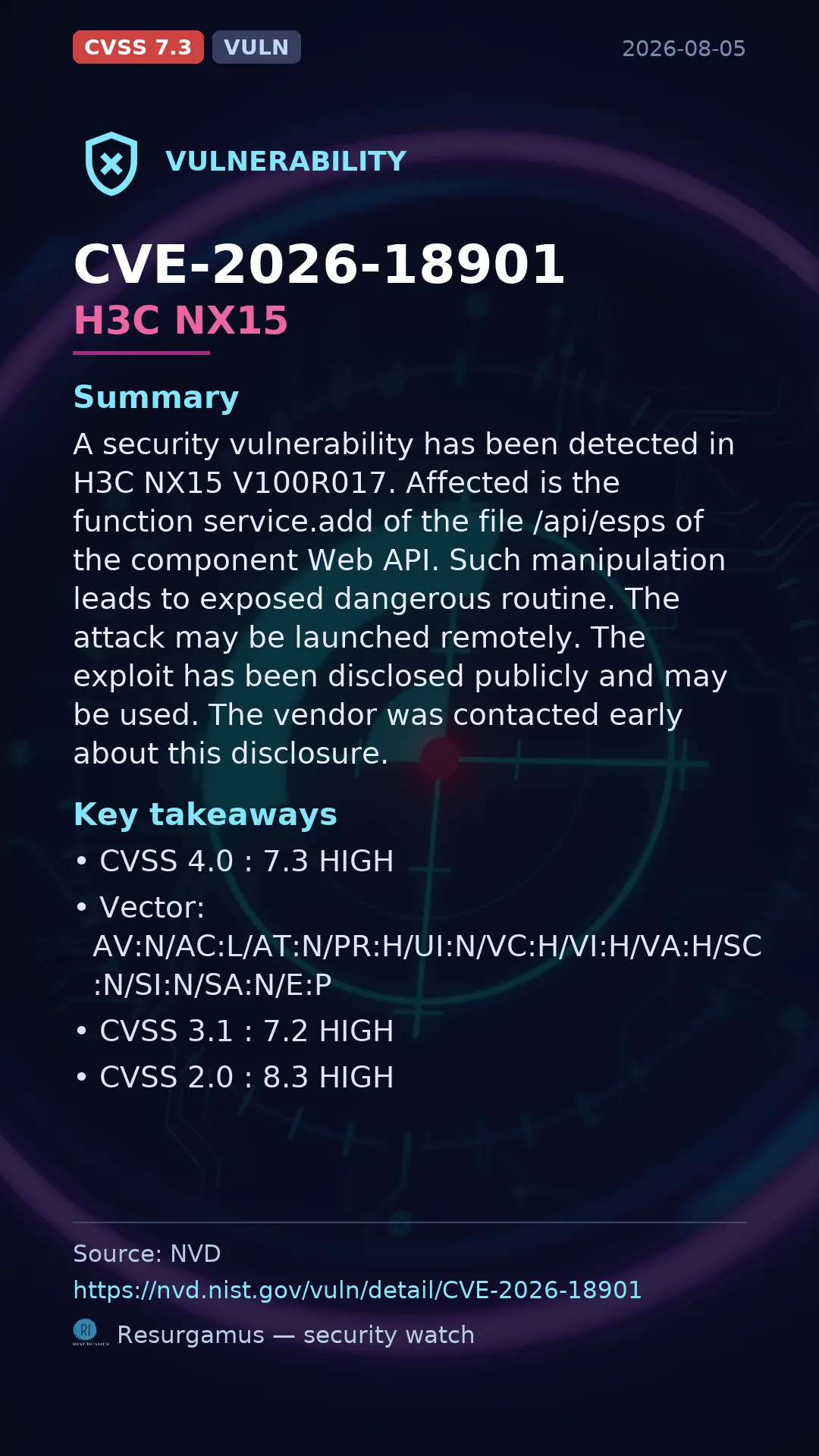 CVE-2026-18901 H3C NX15 Vulnerability