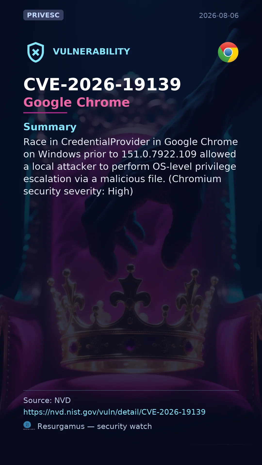 CVE-2026-19139 Google Chrome Vulnerability