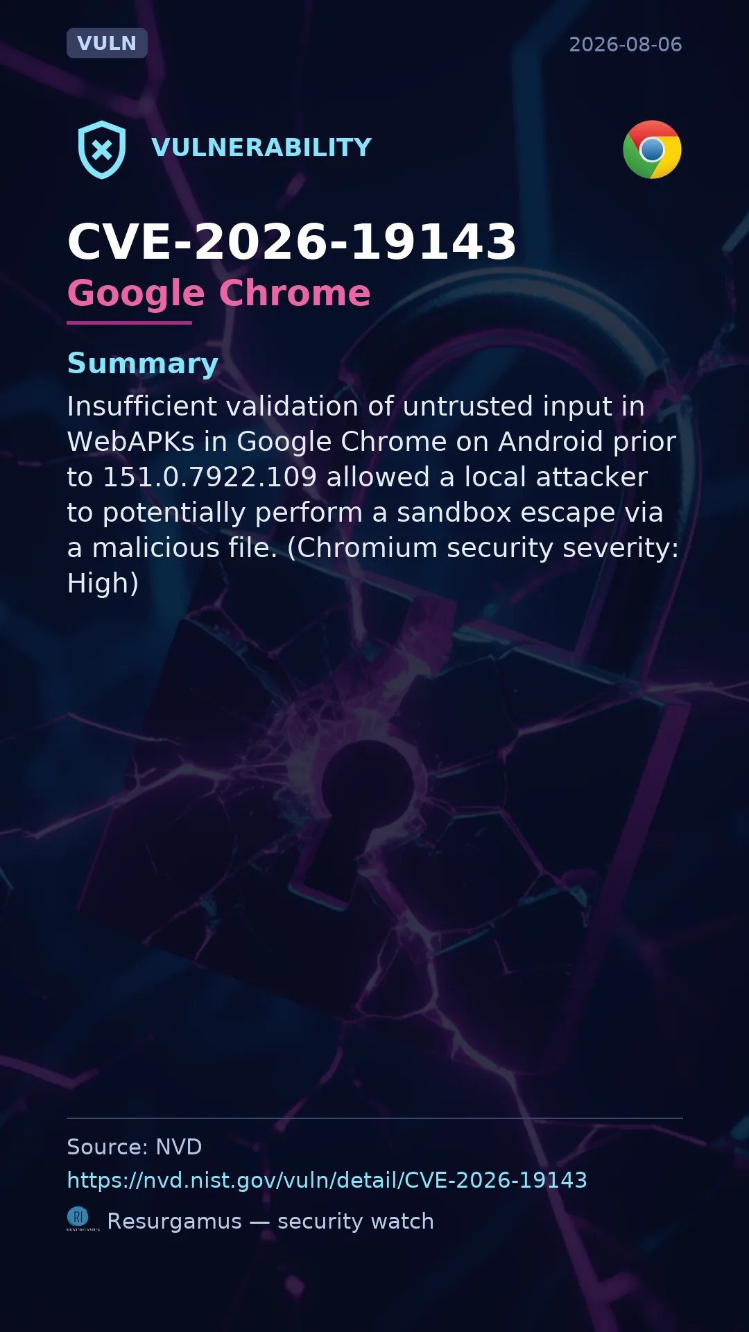 CVE-2026-19143 Google Chrome Vulnerability