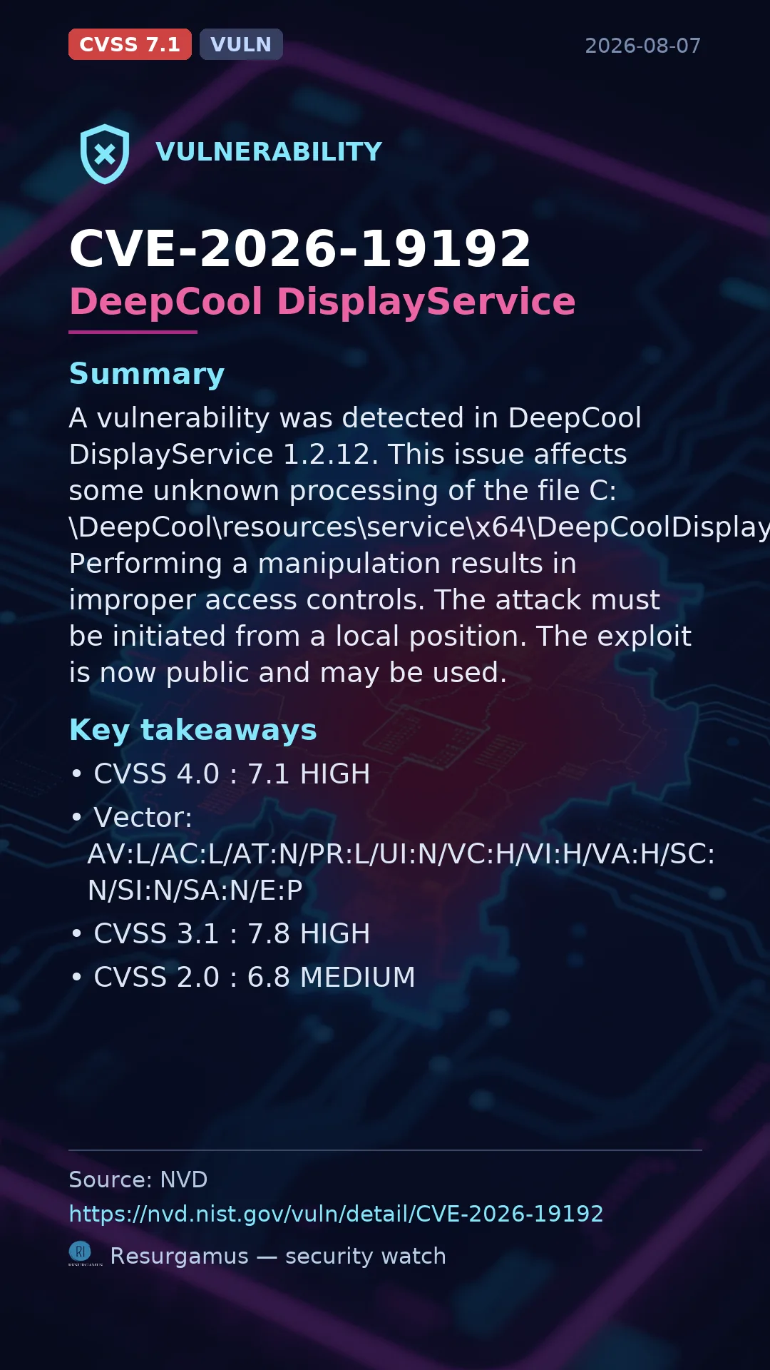 CVE-2026-19192 DeepCool DisplayService Vulnerability