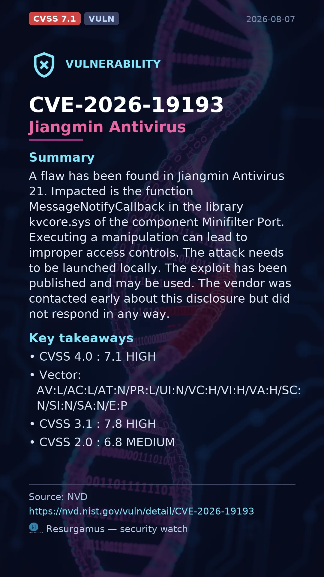 CVE-2026-19193 Jiangmin Antivirus Vulnerability