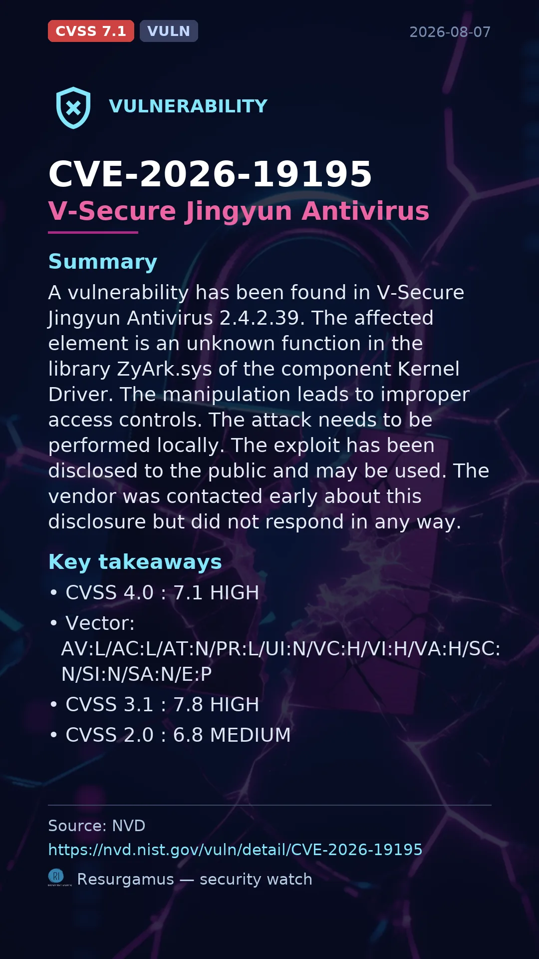 CVE-2026-19195 V-Secure Jingyun Antivirus Vulnerability