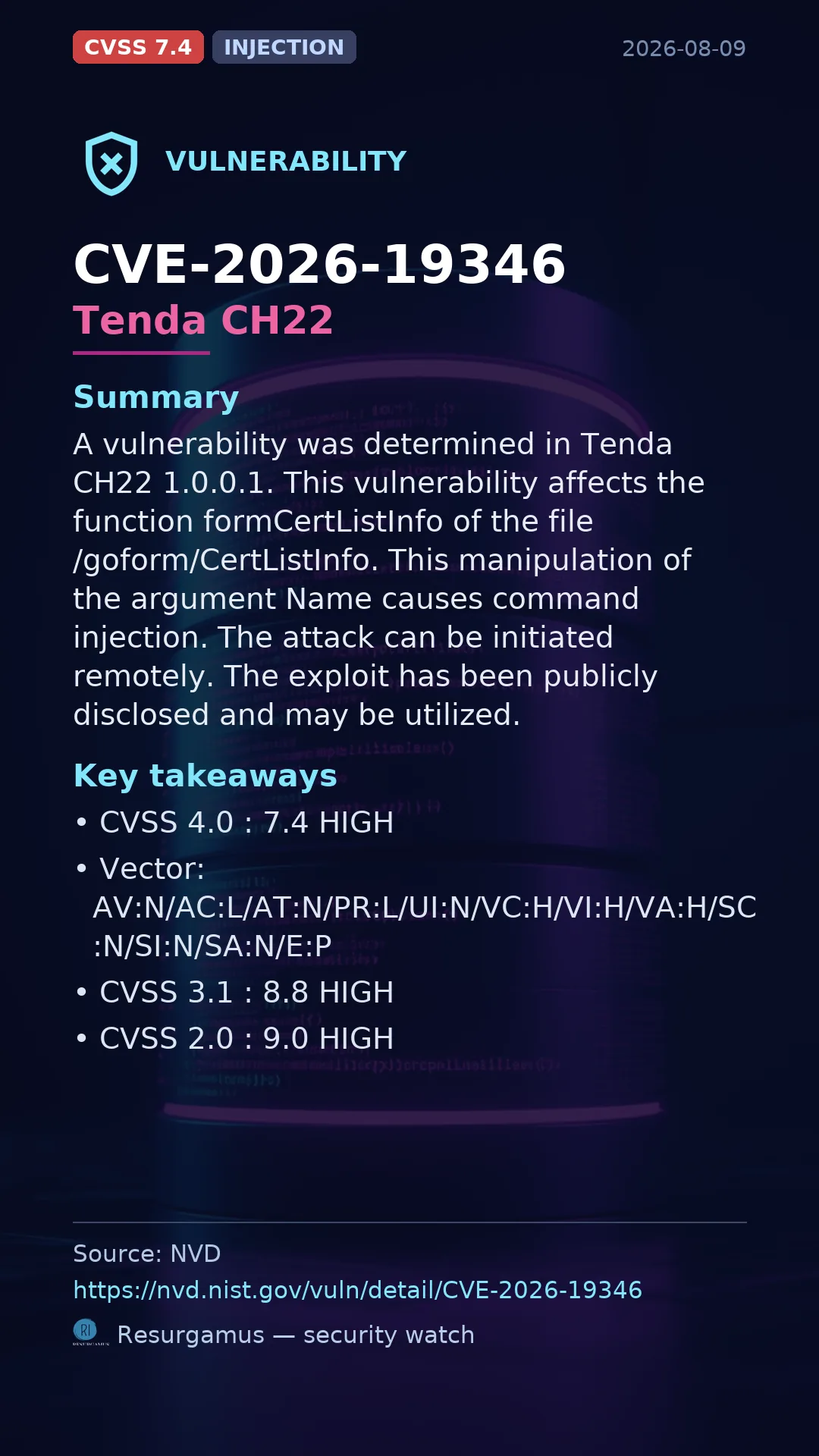 CVE-2026-19346 Tenda CH22 Vulnerability