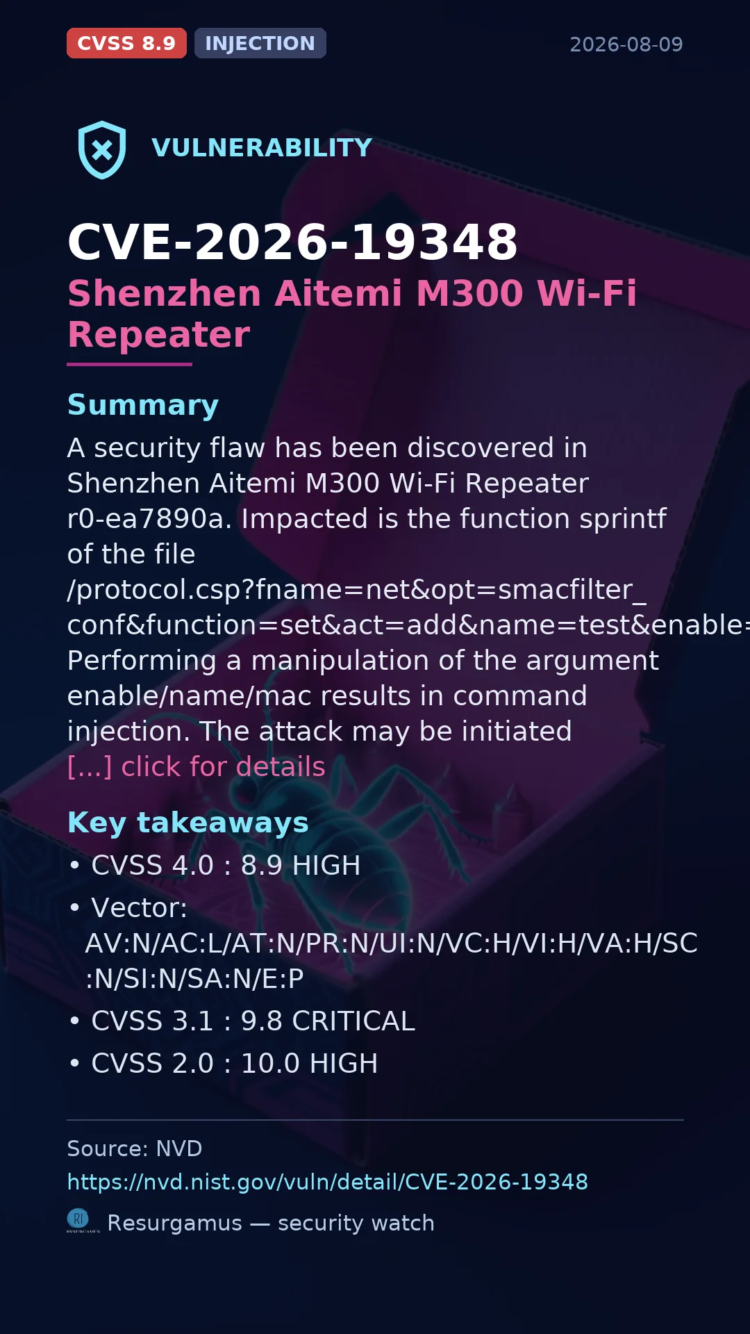 CVE-2026-19348 Shenzhen Aitemi M300 Wi-Fi Repeater Vulnerability
