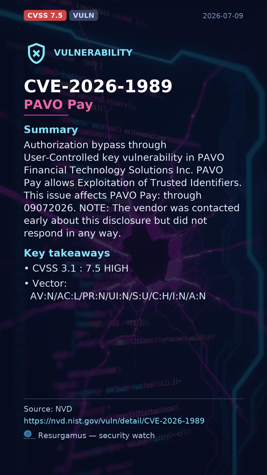 CVE-2026-1989 PAVO Pay Vulnerability