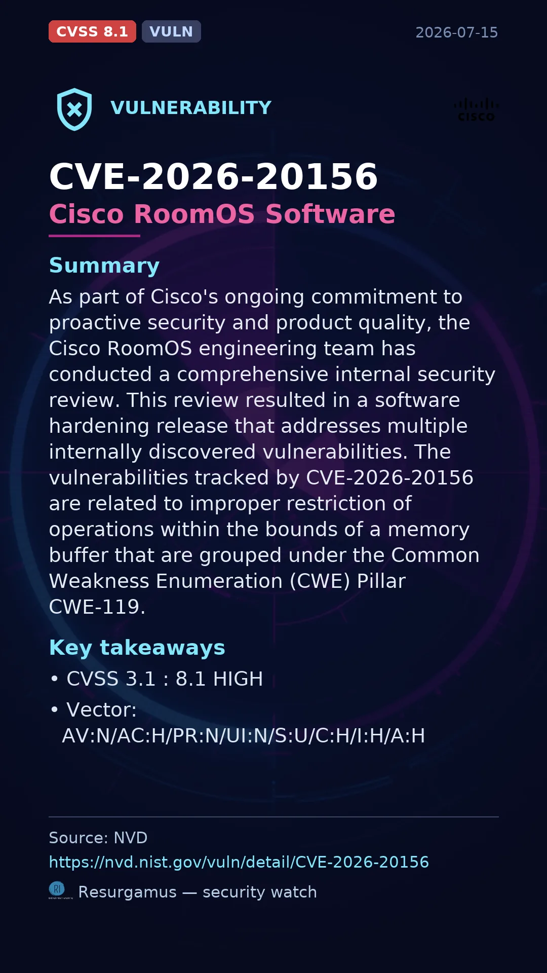 CVE-2026-20156 Cisco RoomOS Software Vulnerability