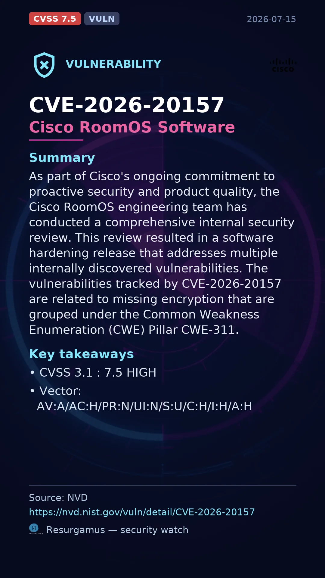 CVE-2026-20157 Cisco RoomOS Software Vulnerability