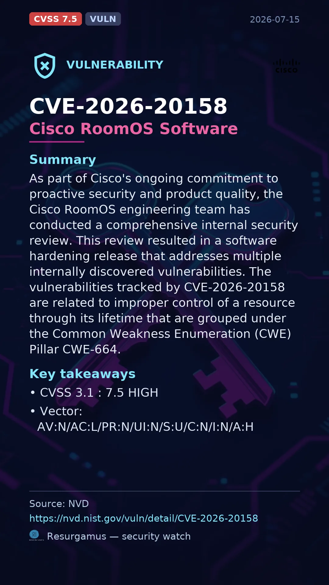 CVE-2026-20158 Cisco RoomOS Software Vulnerability