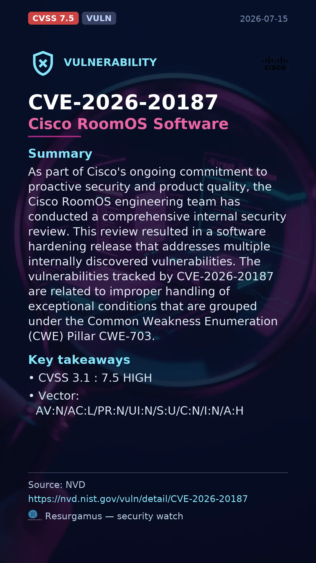 CVE-2026-20187 Cisco RoomOS Software Vulnerability
