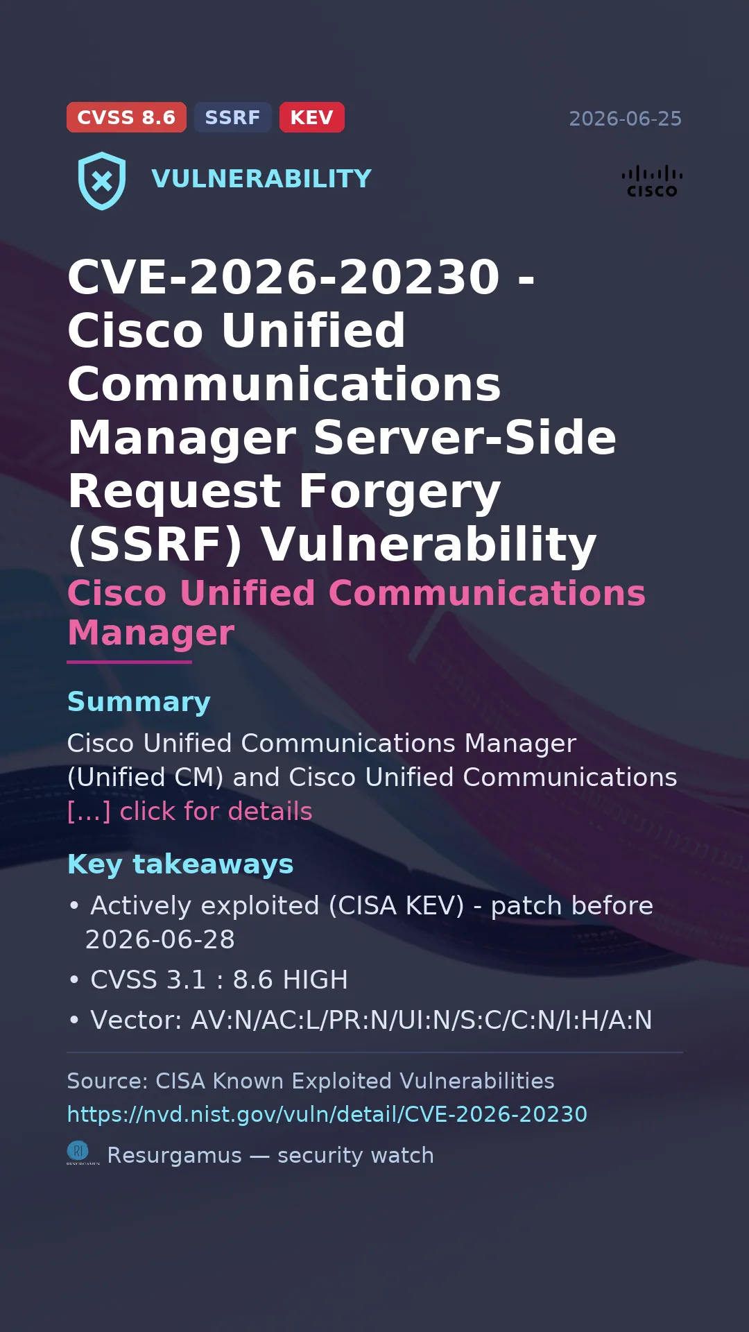 CVE-2026-20230 - Cisco Unified Communications Manager - actively exploited (KEV) vulnerability