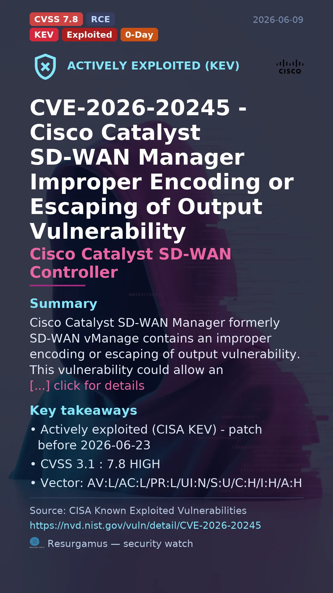 CVE-2026-20245 - Cisco Catalyst SD-WAN Controller - actively exploited (KEV) vulnerability