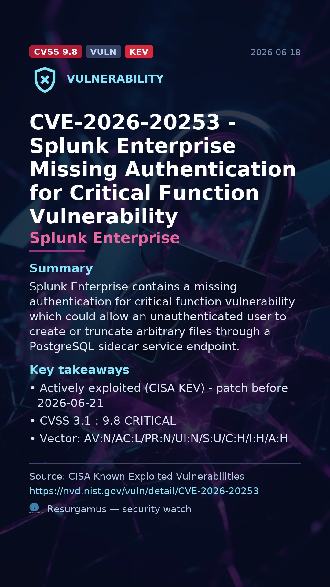 CVE-2026-20253 - Splunk Enterprise - actively exploited (KEV) vulnerability