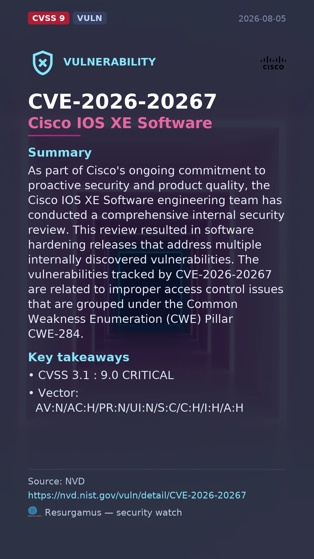 CVE-2026-20267 Cisco IOS XE Software Vulnerability