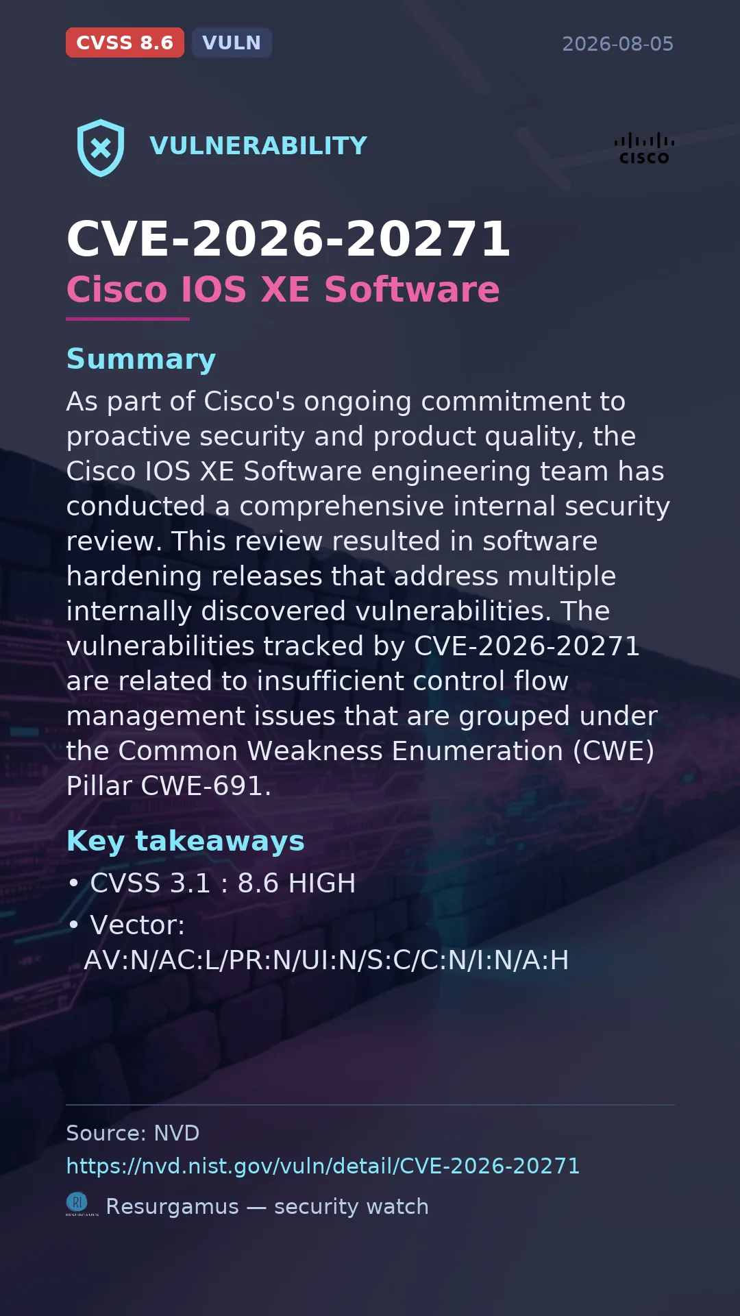 CVE-2026-20271 Cisco IOS XE Software Vulnerability