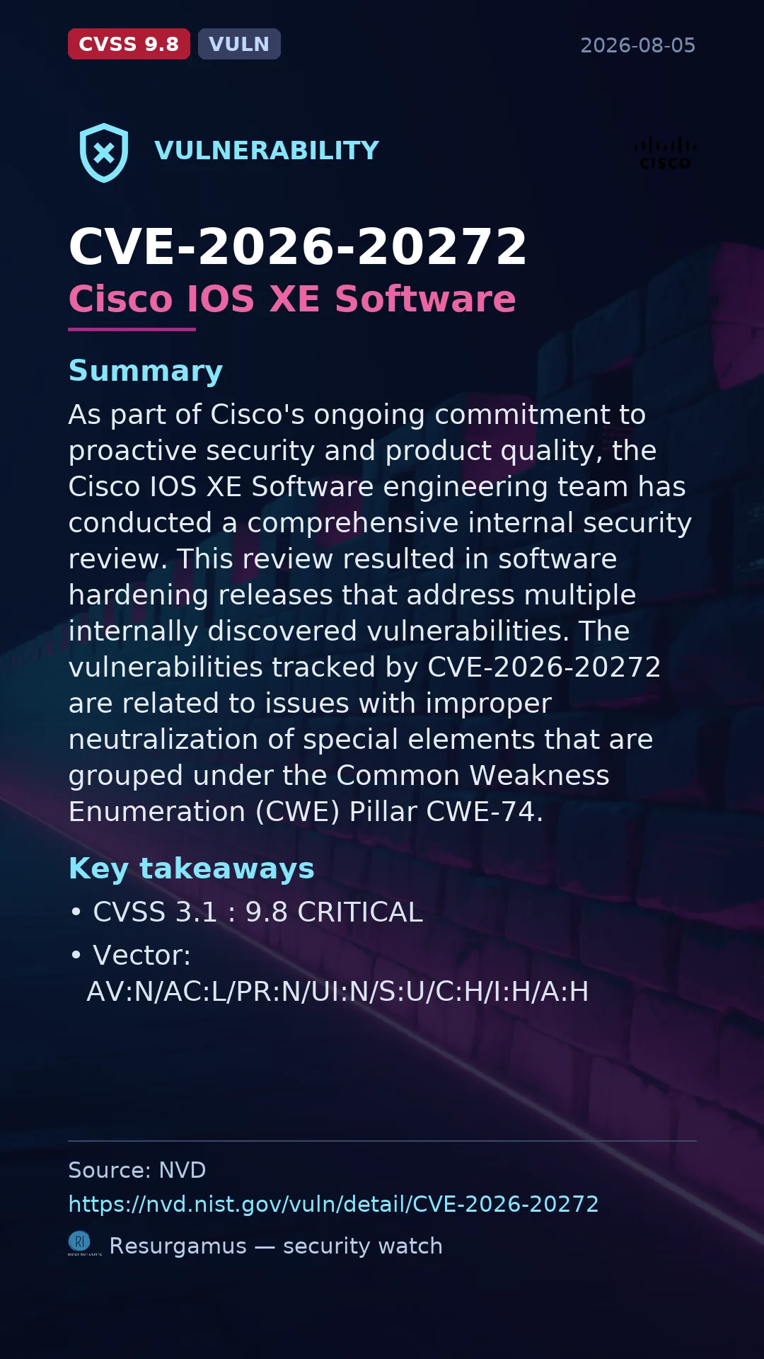 CVE-2026-20272 Cisco IOS XE Software Vulnerability