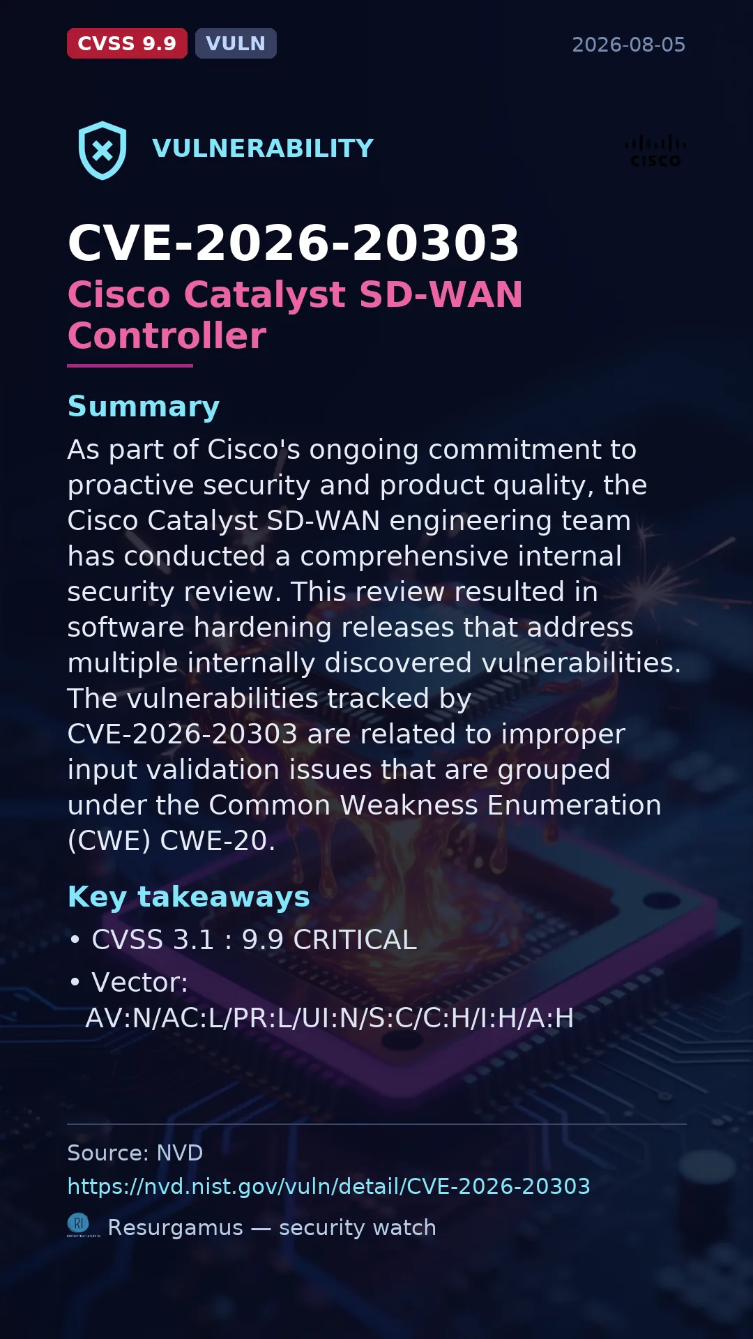 CVE-2026-20303 Cisco Catalyst SD-WAN Controller Vulnerability