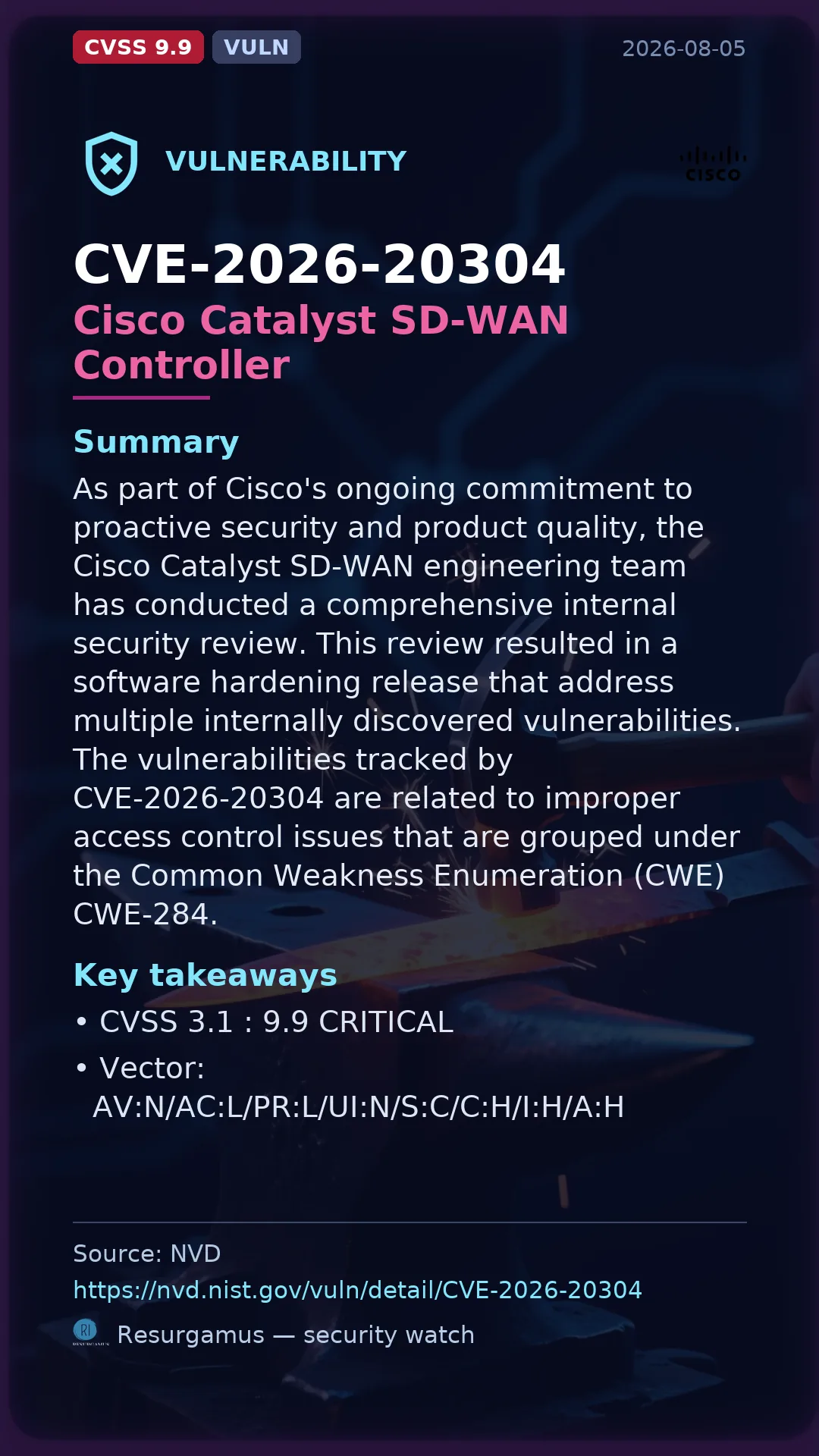 CVE-2026-20304 Cisco Catalyst SD-WAN Controller Vulnerability